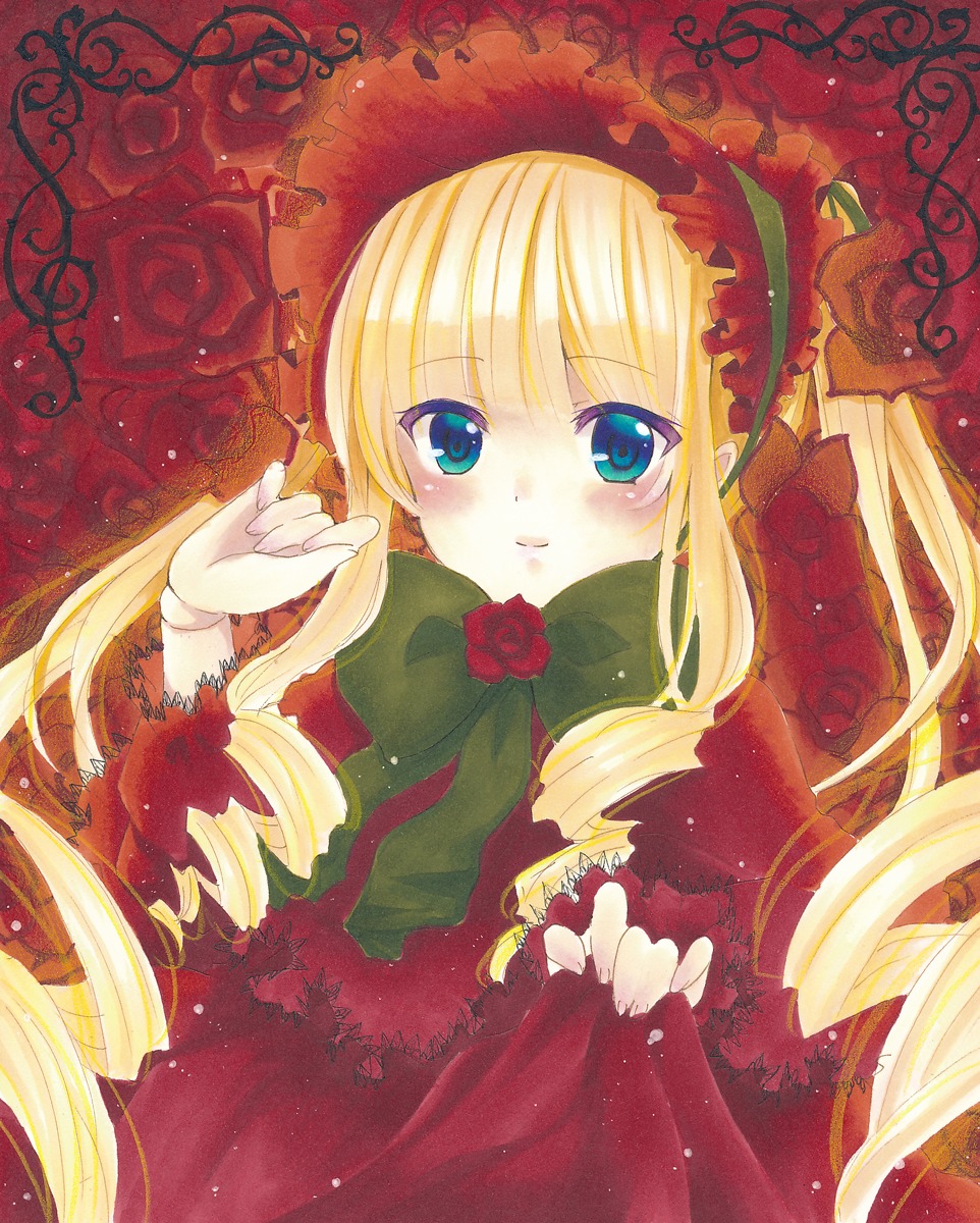 1girl bangs blonde_hair blue_eyes blush bonnet bow bowtie closed_mouth commentary_request doll_joints dress drill_hair eyebrows_visible_through_hair fingernails flower green_bow green_neckwear hand_up highres image joints lolita_fashion long_hair long_sleeves looking_at_viewer mimi_(mini1474) pink_rose red_capelet red_flower red_rose ringlets rose rozen_maiden shinku smile solo thorns twin_drills twintails upper_body very_long_hair