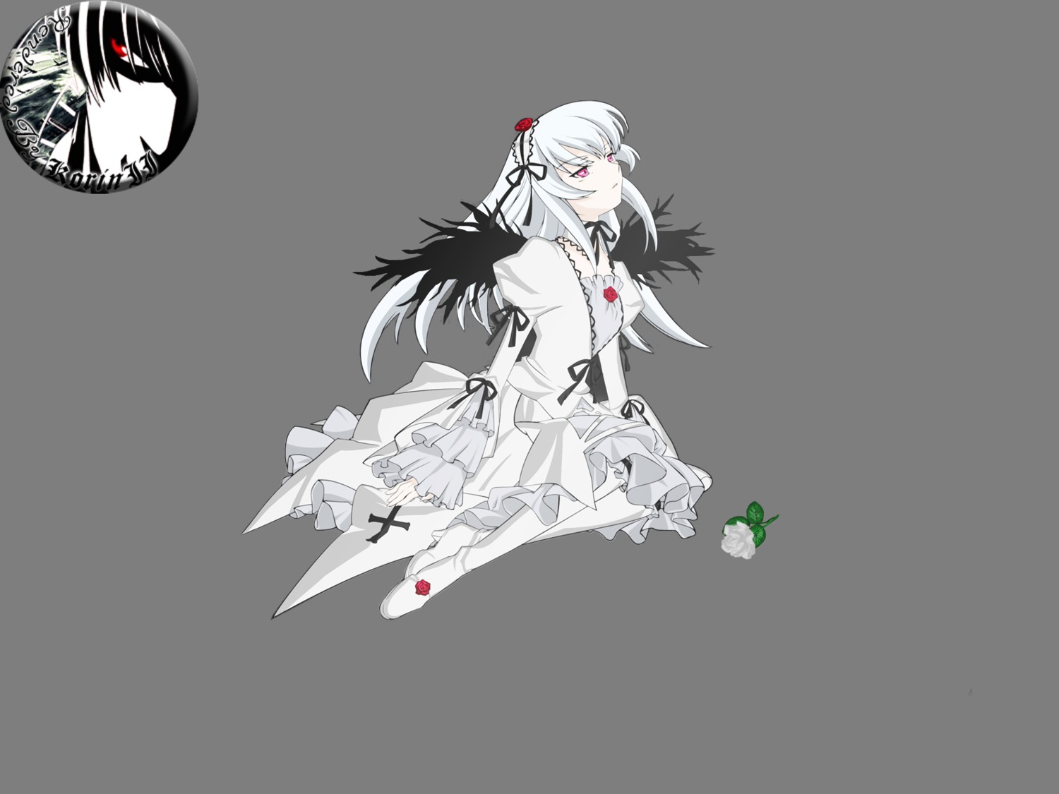 1girl auto_tagged dress feathers flower image long_sleeves ribbon sleeves_past_wrists solo suigintou white_background white_hair