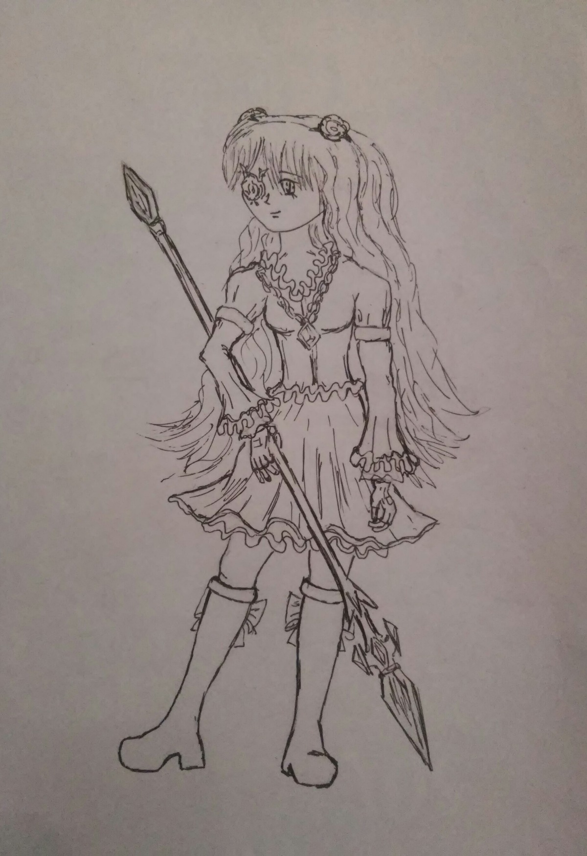 1girl boots detached_sleeves dress full_body greyscale hair_ornament image kirakishou long_hair monochrome polearm solo spear traditional_media weapon