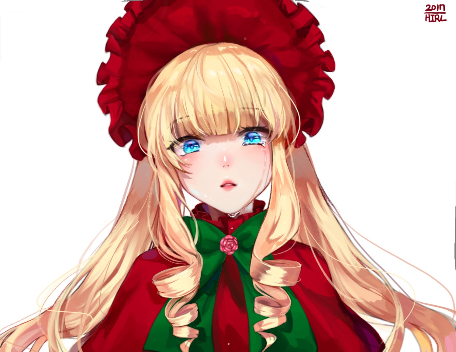 1girl bangs blonde_hair blue_eyes blush bonnet bow capelet closed_mouth drill_hair flower image lips long_hair looking_at_viewer red_capelet rose shinku sidelocks simple_background solo striped striped_background upper_body white_background