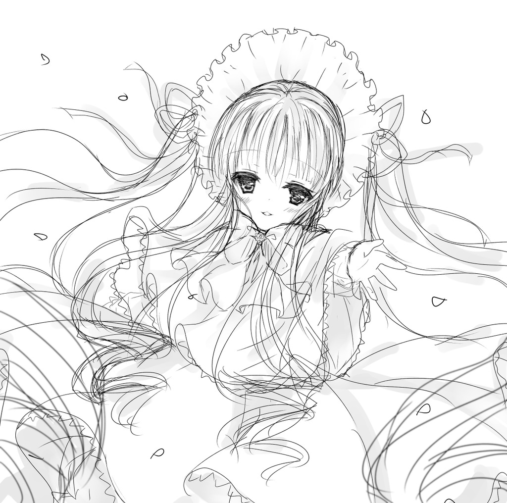 1girl blush bow bowtie dress eyebrows_visible_through_hair floating_hair frills greyscale image lineart long_hair long_sleeves looking_at_viewer monochrome petals shinku sketch smile solo striped twintails very_long_hair