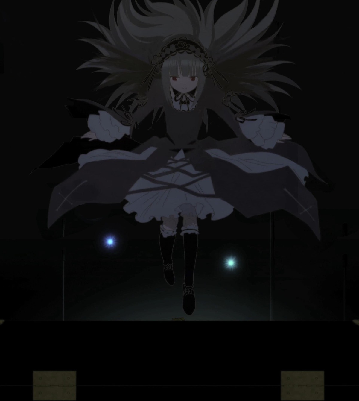 1girl black_footwear black_ribbon boots dress frills full_body hairband image long_hair long_sleeves looking_at_viewer red_eyes ribbon solo suigintou very_long_hair wings