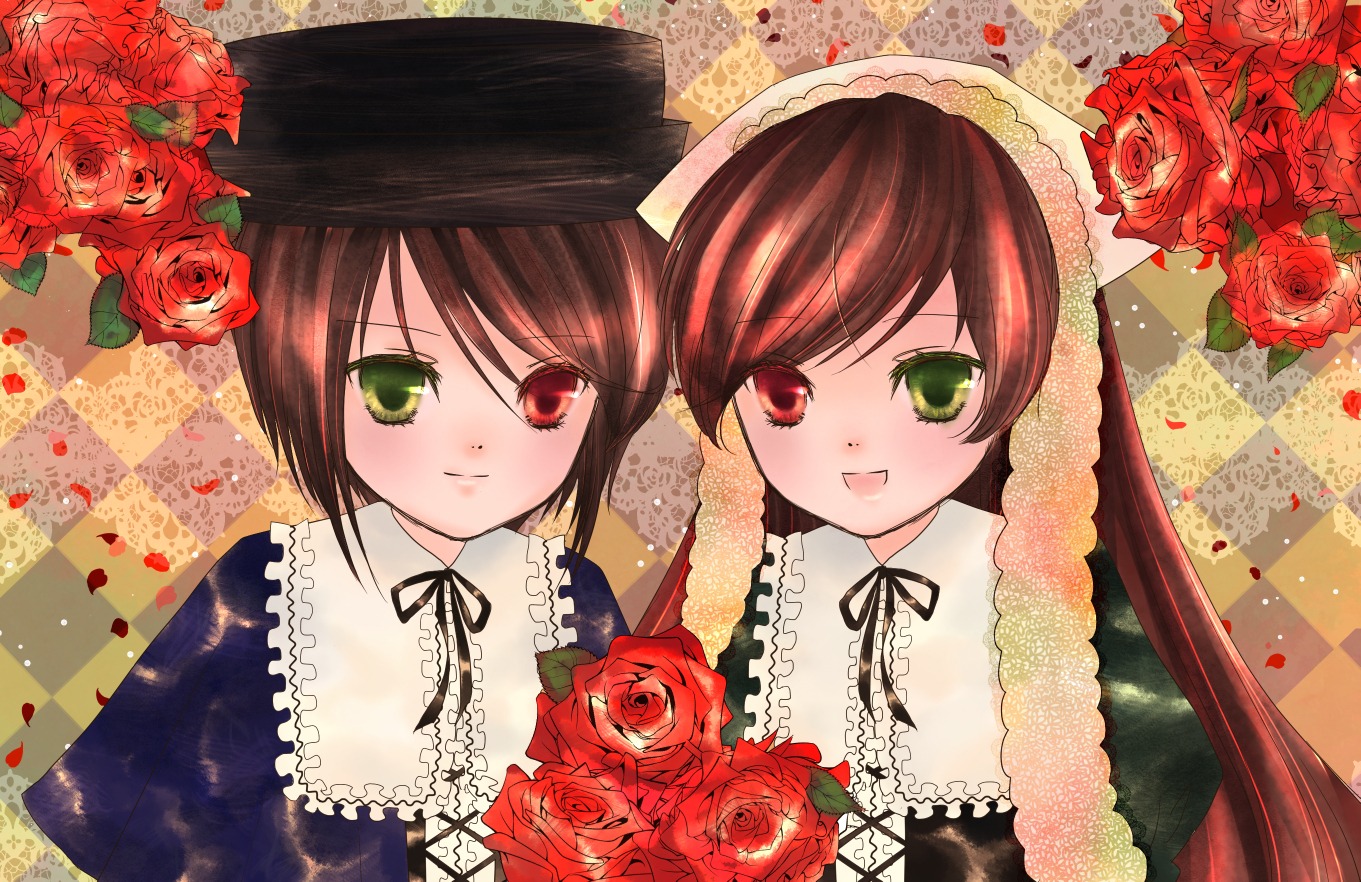 2girls argyle_background bouquet brown_hair checkered checkered_background commentary_request flower green_eyes hat heterochromia image long_hair looking_at_viewer multiple_girls nafuwo open_mouth pair petals pink_rose red_eyes red_flower red_rose rose rozen_maiden short_hair siblings sisters smile souseiseki suiseiseki twins yellow_flower yellow_rose