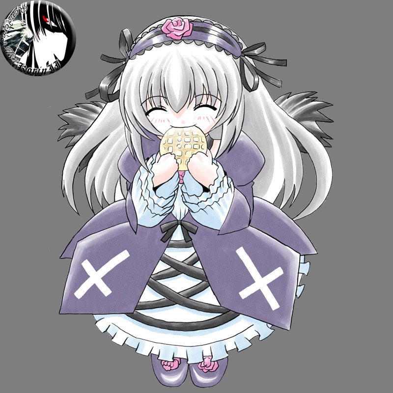 1girl black_wings blush closed_eyes dress eating food frills full_body hairband image long_hair long_sleeves rose silver_hair solo suigintou wings