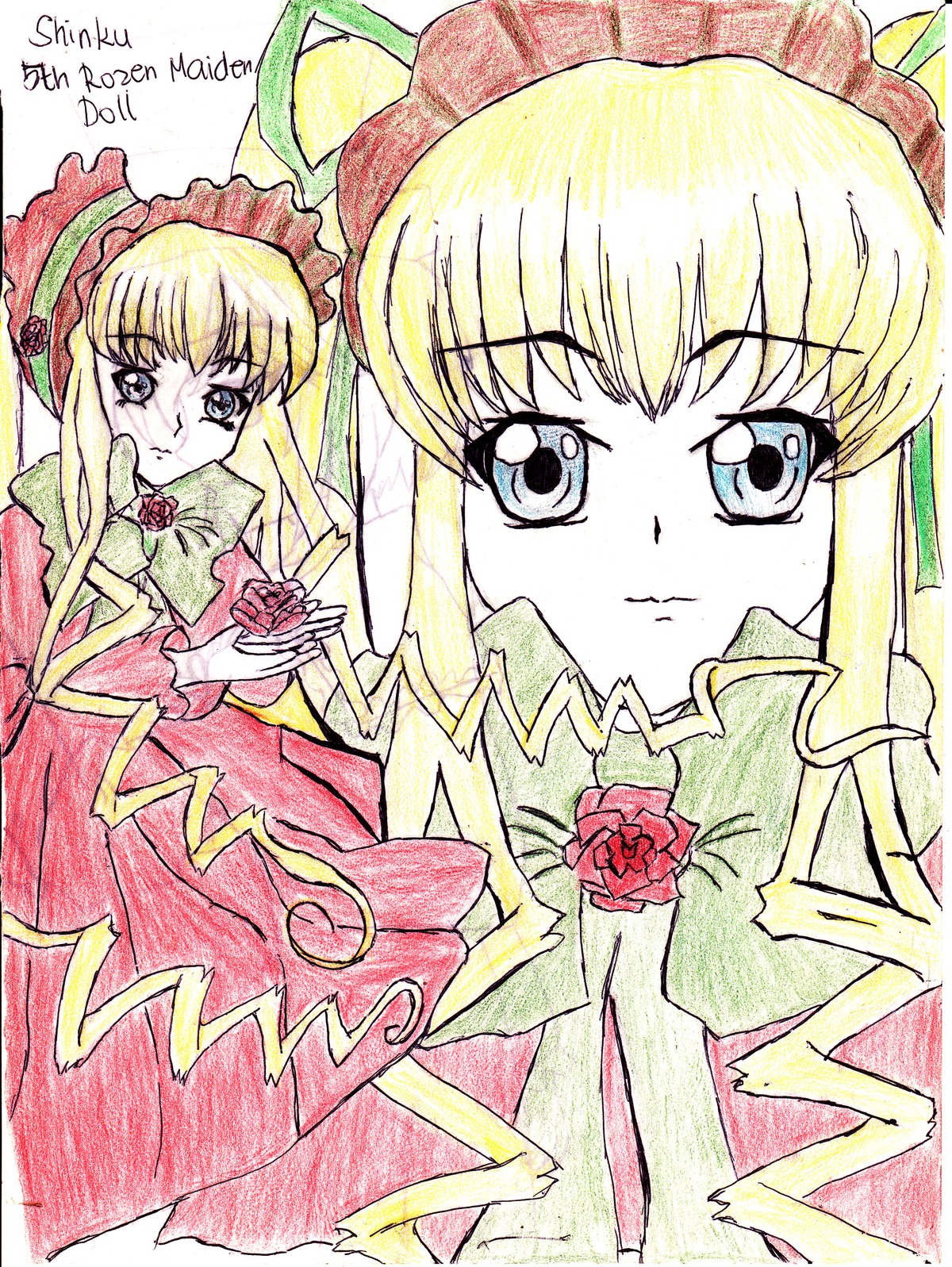 2girls blonde_hair blue_eyes bonnet bow bowtie cup dress drill_hair flower green_bow hat image long_hair long_sleeves looking_at_viewer multiple_girls pink_bow red_dress rose shinku solo traditional_media