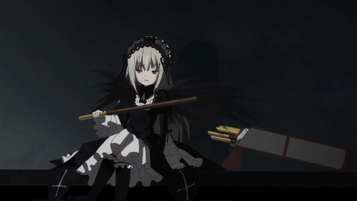 1girl black_background black_dress black_legwear closed_mouth dress frills gothic_lolita hairband holding holding_weapon image lolita_fashion long_sleeves looking_at_viewer red_eyes silver_hair sitting solo suigintou weapon