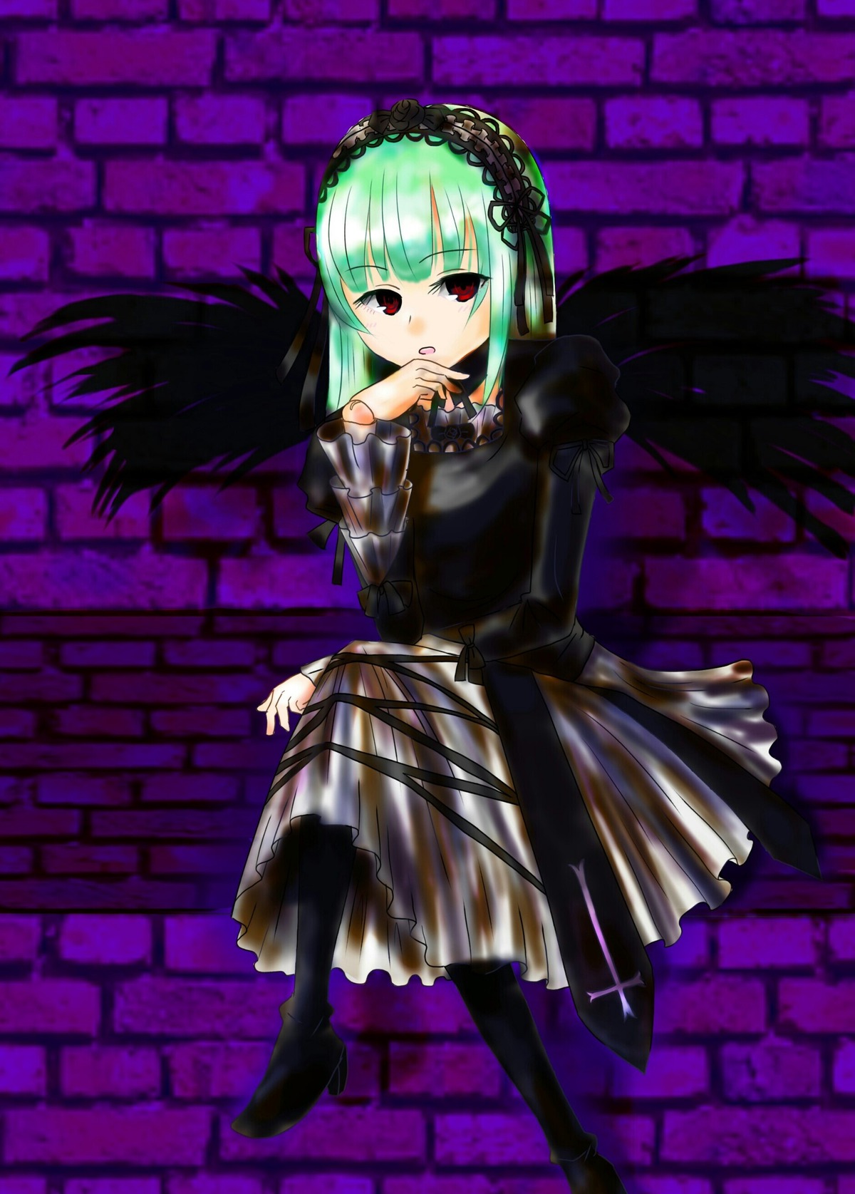 1girl black_wings dress frills full_body hairband image long_hair long_sleeves looking_at_viewer red_eyes solo standing suigintou wings