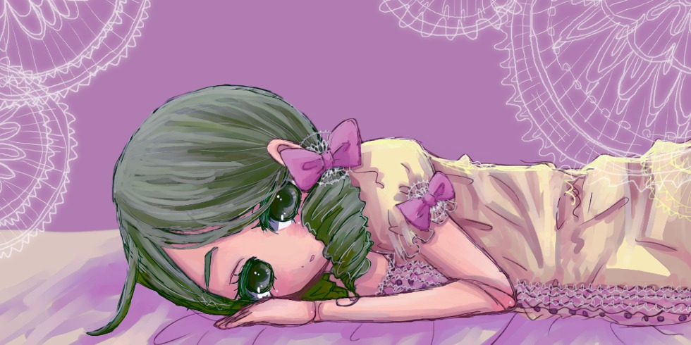 1girl bow dress green_eyes green_hair hair_bow image kanaria looking_at_viewer lying on_side pink_bow purple_background solo