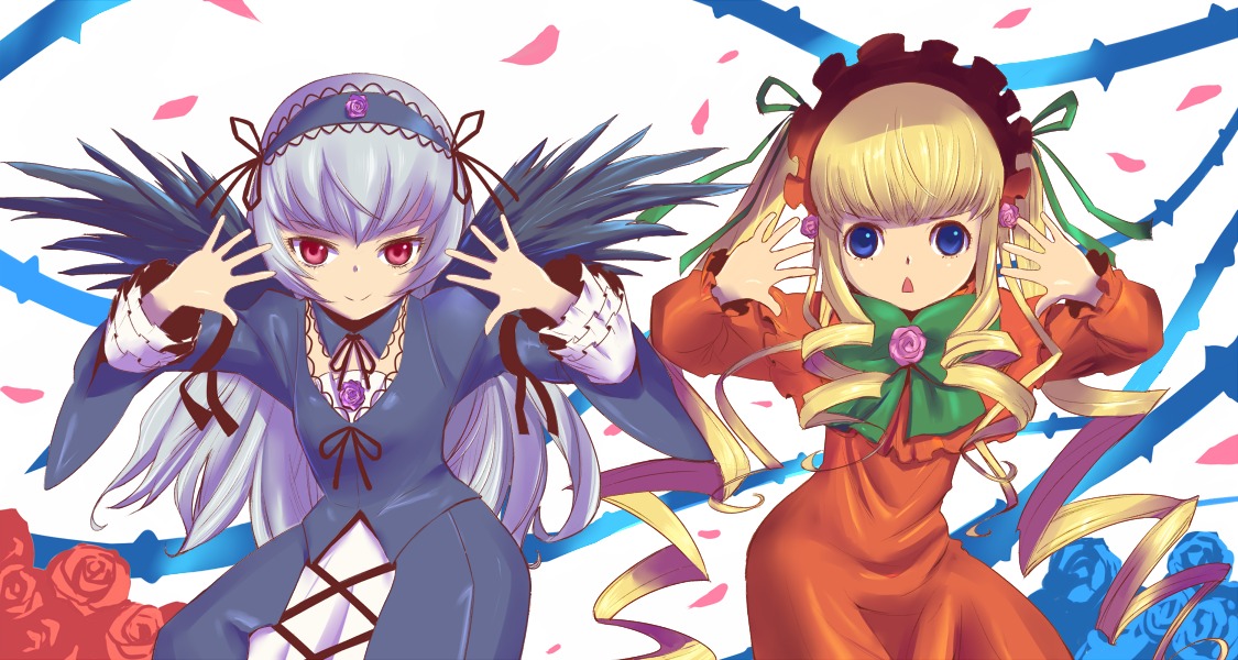 2girls blonde_hair blue_eyes bonnet commentary_request dress drill_hair flower hairband image long_hair long_sleeves looking_at_viewer maldives multiple_girls open_mouth pair petals red_eyes ribbon rose rose_petals rozen_maiden shinku silver_hair smile suigintou twintails wings