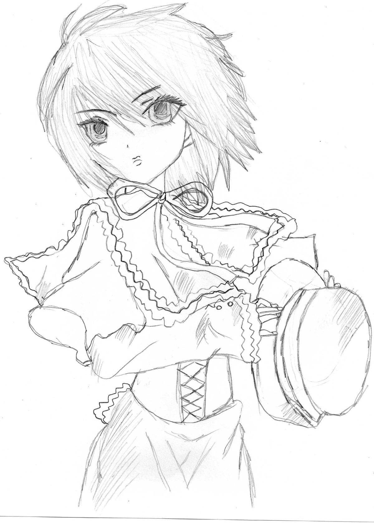 1girl alice_margatroid capelet corset dress greyscale holding image looking_at_viewer monochrome ribbon short_hair solo souseiseki