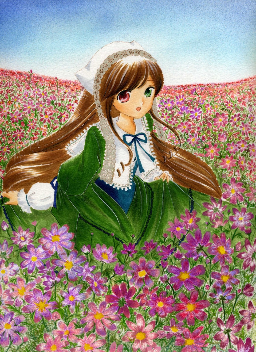 1girl :d brown_hair day dress field flower flower_field green_dress green_eyes head_scarf heterochromia image long_hair long_sleeves looking_at_viewer open_mouth outdoors red_eyes sky smile solo suiseiseki traditional_media very_long_hair watering_can