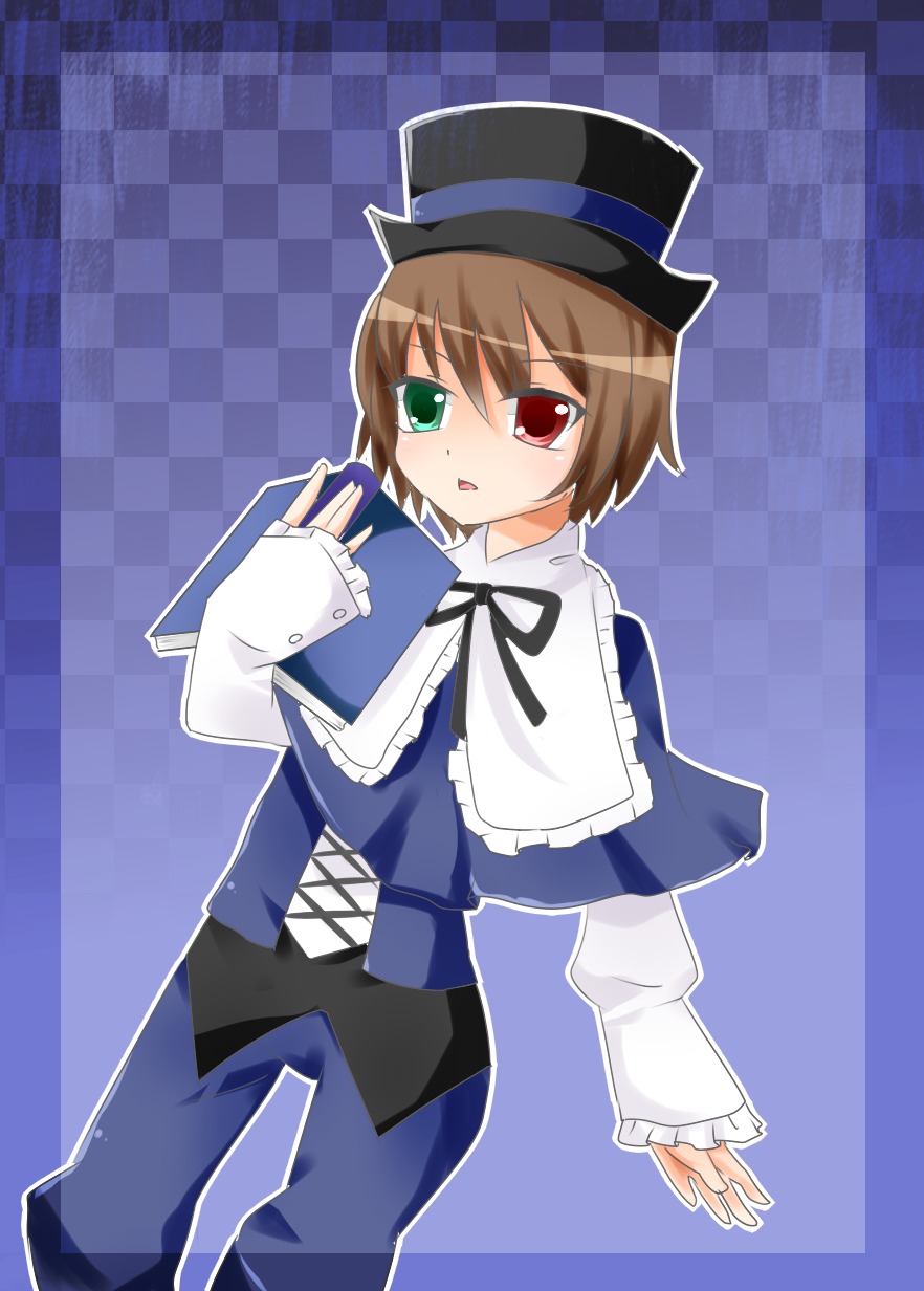 1girl argyle argyle_background blue_dress brown_hair capelet checkered checkered_background checkered_floor dress green_eyes hat heterochromia image long_sleeves looking_at_viewer plaid_background red_eyes solo souseiseki top_hat