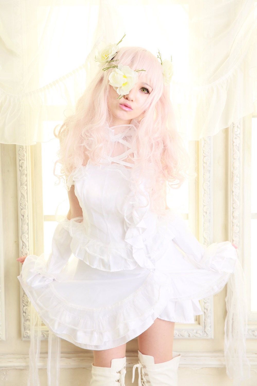 1girl dress flower green_eyes hair_ornament kirakishou lips long_hair pink_hair solo white_dress window