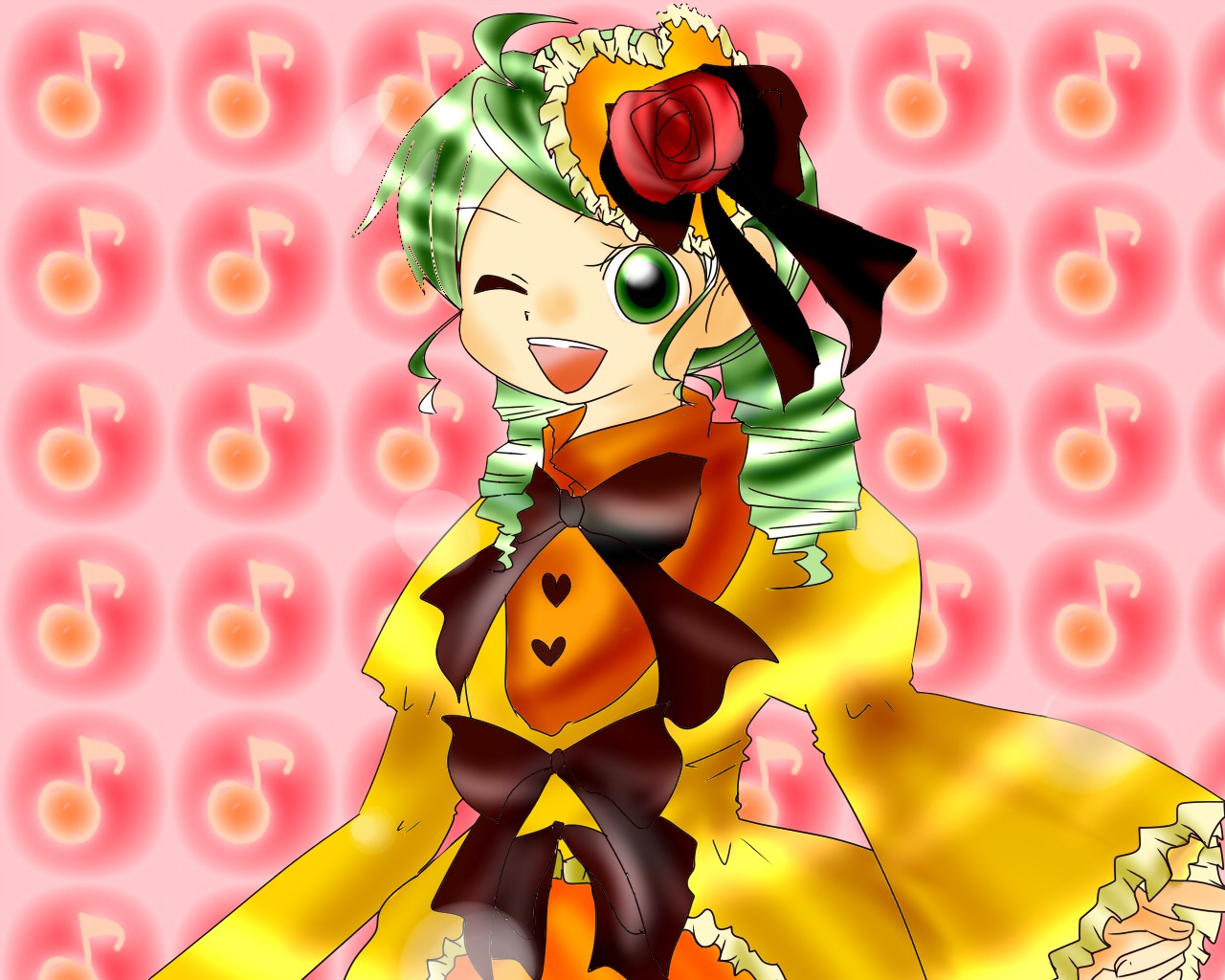 1girl ? ahoge beamed_eighth_notes beamed_sixteenth_notes bow dress drill_hair eighth_note flower frills green_eyes green_hair heart image kanaria music musical_note one_eye_closed open_mouth quarter_note rose singing sixteenth_note smile solo spoken_musical_note staff_(music) treble_clef twin_drills