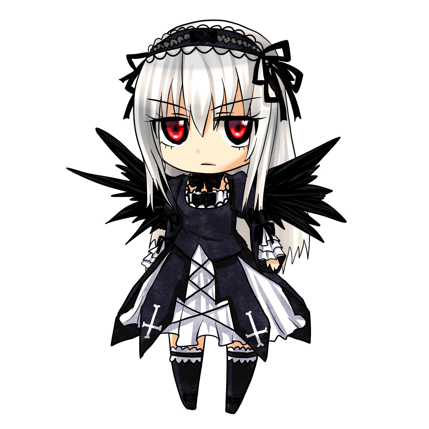 1girl bangs black_dress black_ribbon black_wings chibi dress frills hairband image long_hair long_sleeves looking_at_viewer red_eyes ribbon silver_hair simple_background solo standing suigintou white_background wings