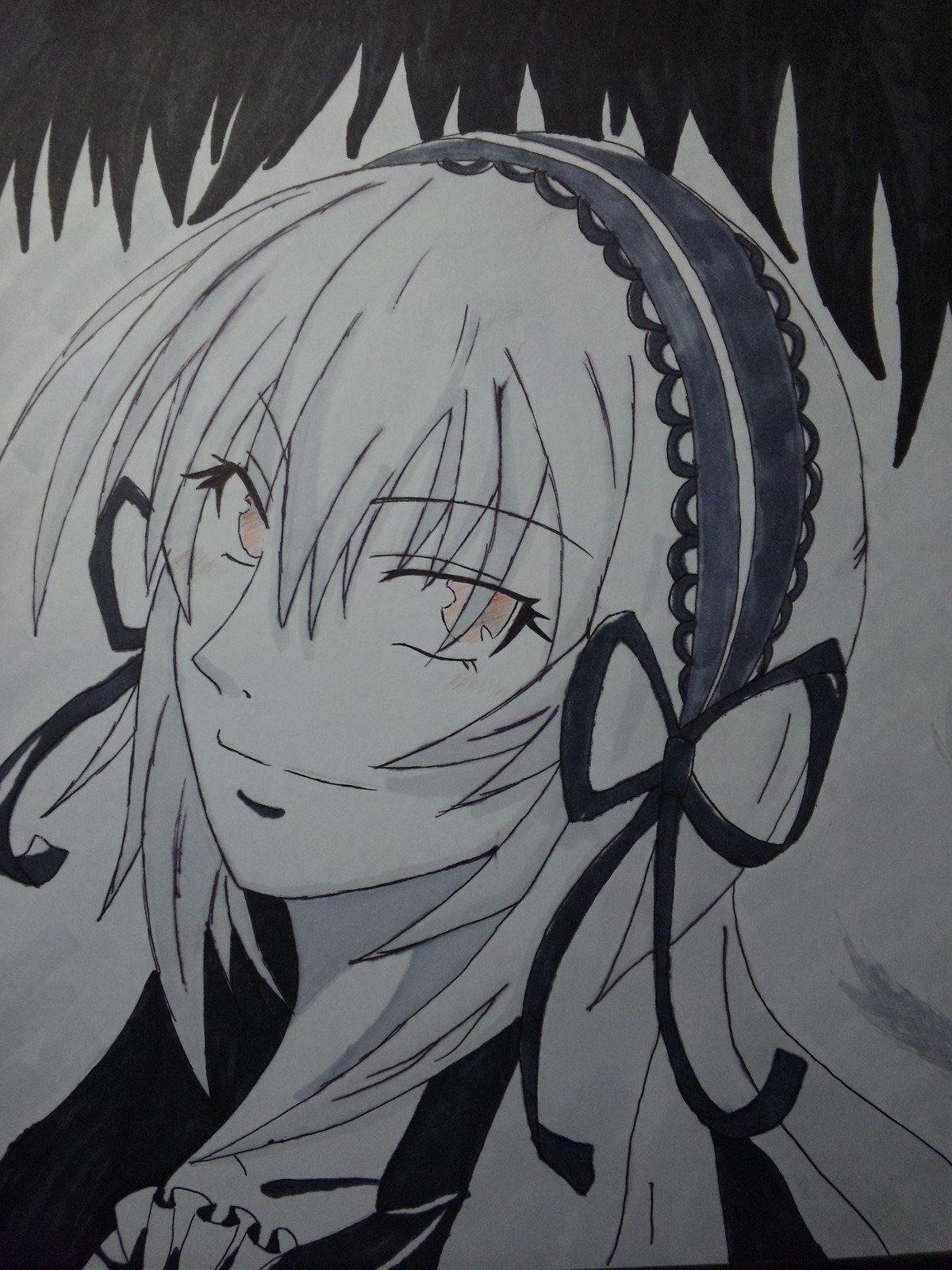 1girl bangs closed_mouth eyebrows_visible_through_hair frills hair_between_eyes hairband image looking_at_viewer portrait ribbon smile solo suigintou traditional_media