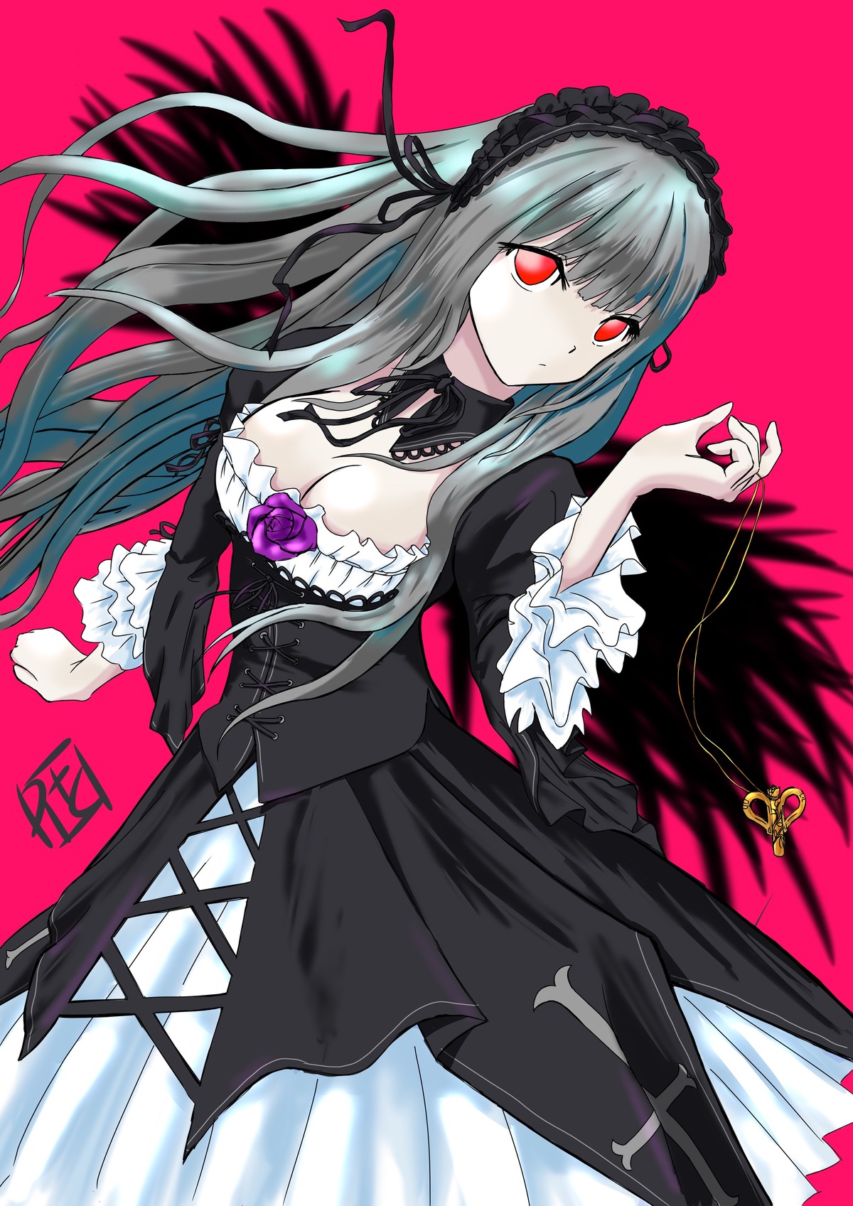 1girl breasts cleavage dress flower frills gothic_lolita hairband image lolita_fashion long_hair long_sleeves looking_at_viewer red_background red_eyes red_flower ribbon rose silver_hair solo suigintou