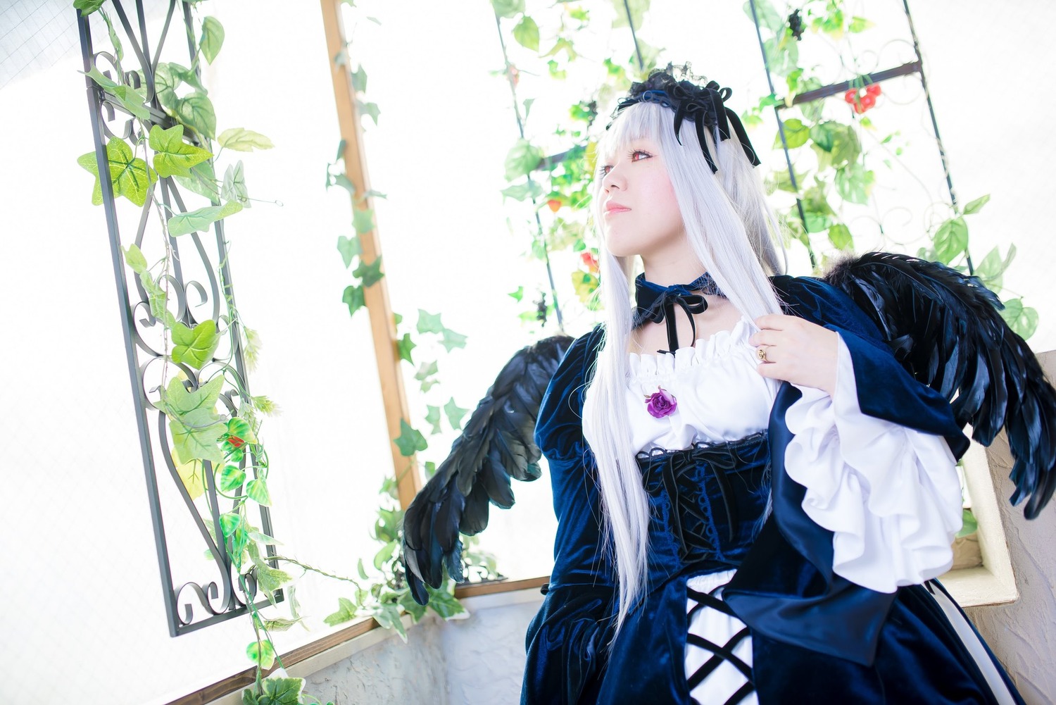 1girl angel_wings black_wings dress feathered_wings feathers flower gothic_lolita hairband lolita_fashion long_hair long_sleeves ribbon silver_hair solo suigintou white_hair white_wings wings