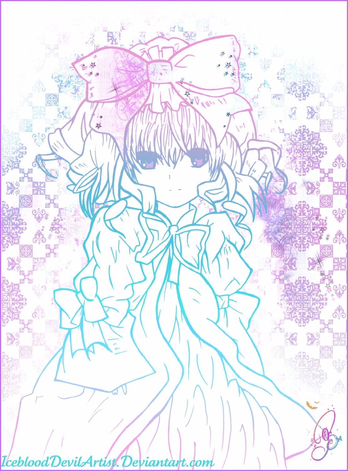 1girl bow dress hair_bow hinaichigo image long_sleeves looking_at_viewer monochrome purple_theme ribbon solo