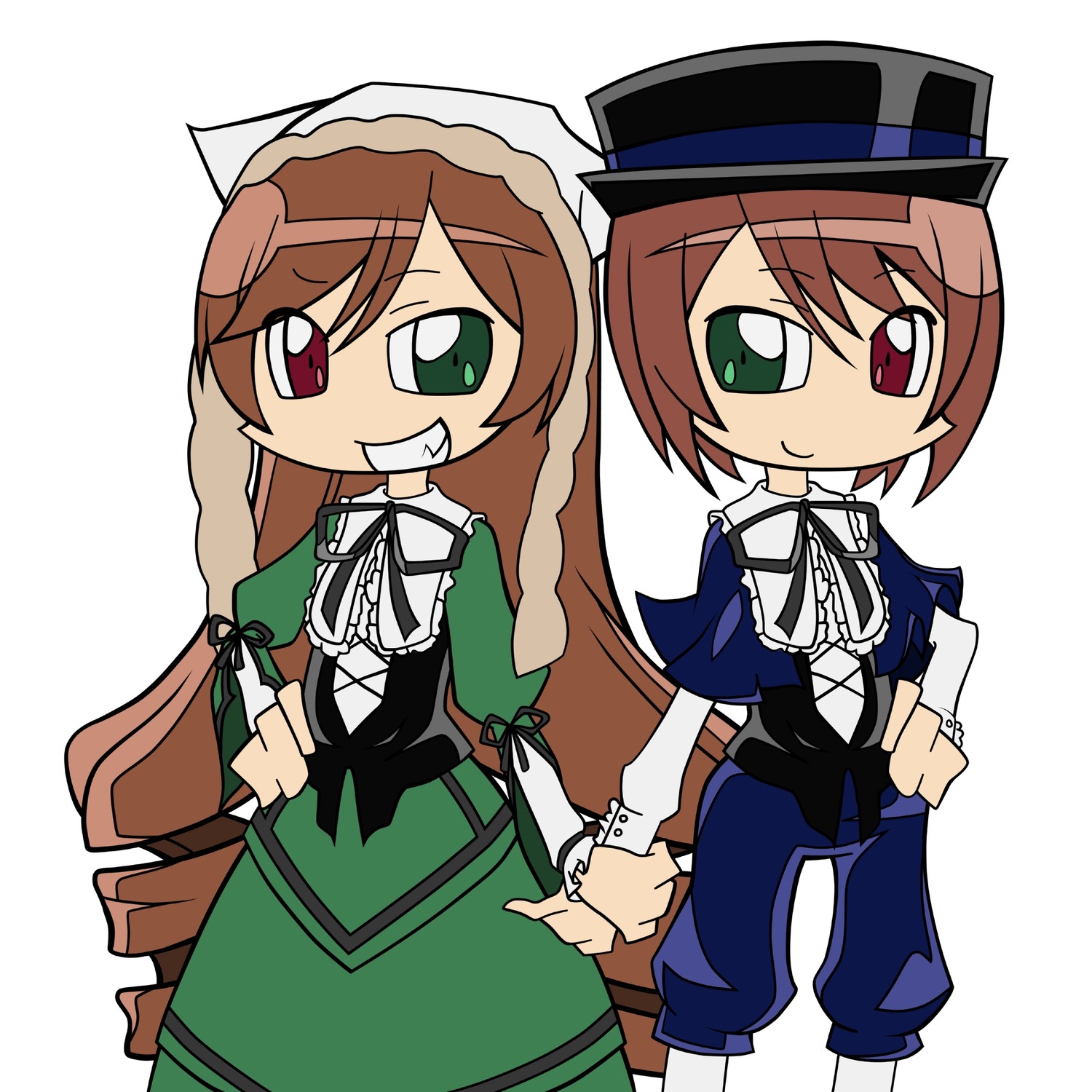 2girls black_ribbon blue_dress brown_hair dress frills green_dress green_eyes grin hat heterochromia holding_hands image long_hair long_sleeves looking_at_viewer multiple_girls pair red_eyes ribbon siblings simple_background sisters smile souseiseki standing suiseiseki top_hat twins very_long_hair white_background