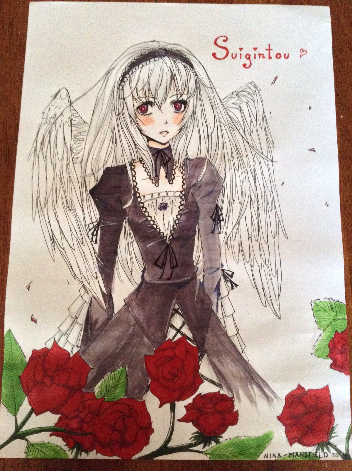 1girl black_wings blush dress feathered_wings feathers flower frills hairband image long_hair long_sleeves looking_at_viewer red_eyes red_flower red_rose rose solo suigintou traditional_media wings