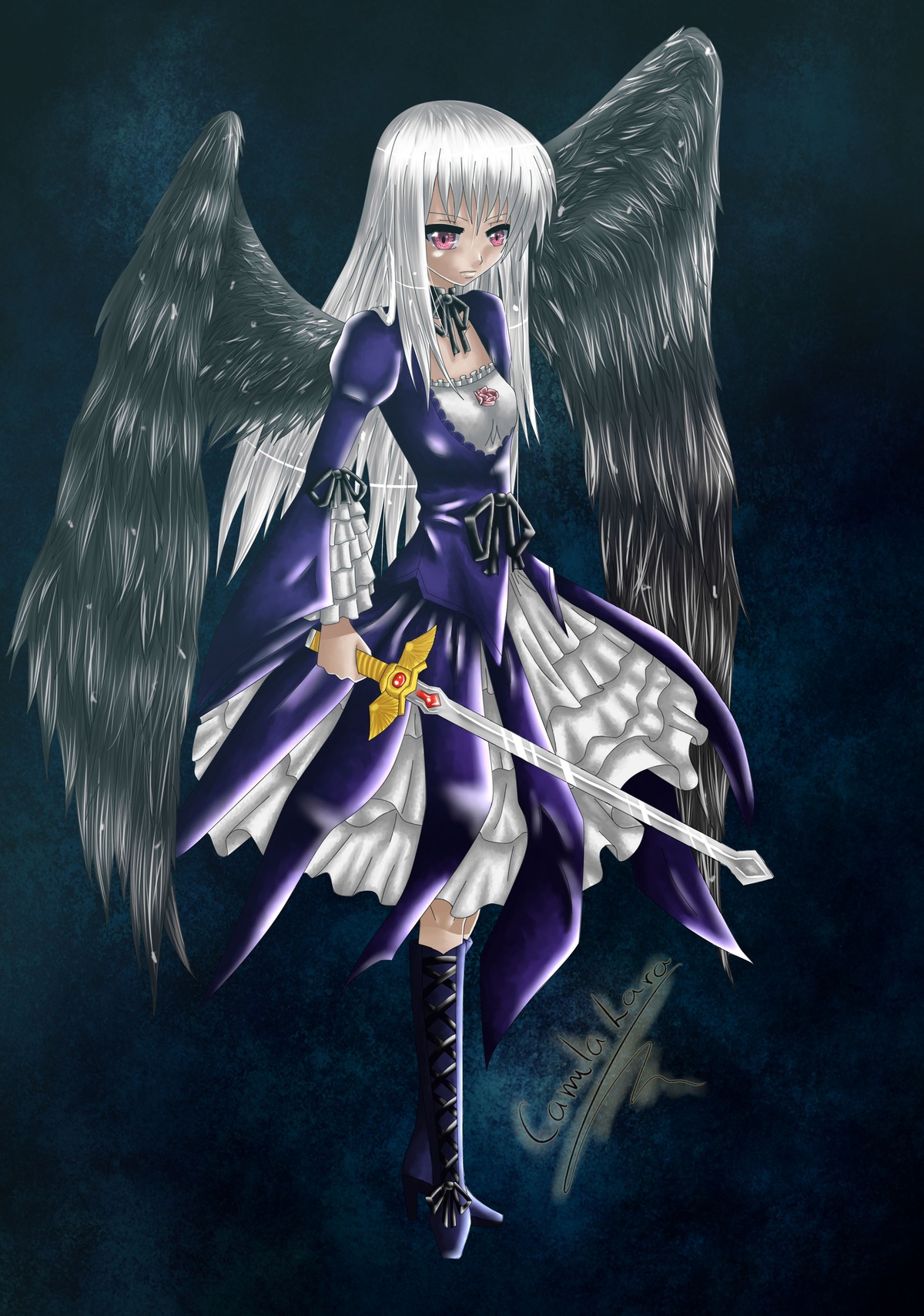 1girl boots breasts cross-laced_footwear dress frills full_body image knee_boots long_hair long_sleeves puffy_sleeves red_eyes silver_hair solo standing suigintou sword weapon white_hair wings