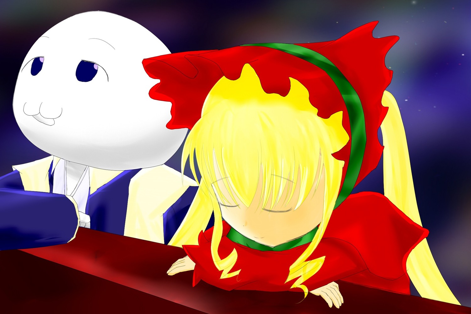 1girl blonde_hair bonnet bow dress image long_hair long_sleeves lying moon on_stomach red_dress shinku sky sleeping solo table