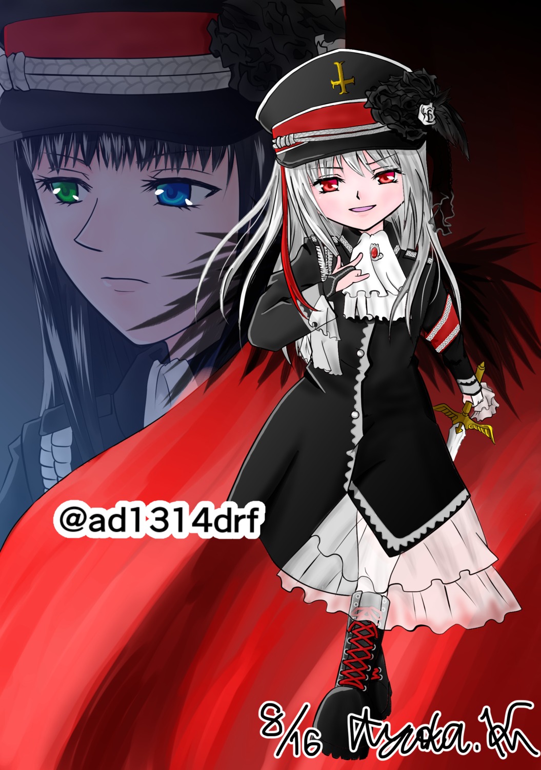 1boy 1girl black_headwear boots cross-laced_footwear dress flower hat heterochromia image long_hair long_sleeves peaked_cap red_eyes silver_hair smile solo suigintou twitter_username