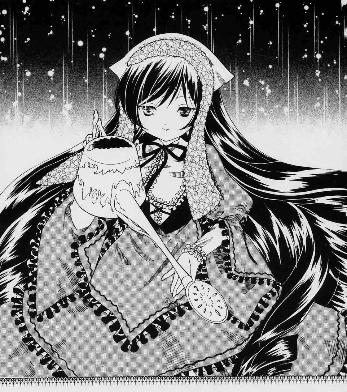 1girl dress food frills gothic_lolita greyscale hairband holding image lolita_fashion long_hair looking_at_viewer monochrome ribbon sky solo star_(sky) starry_sky suiseiseki very_long_hair