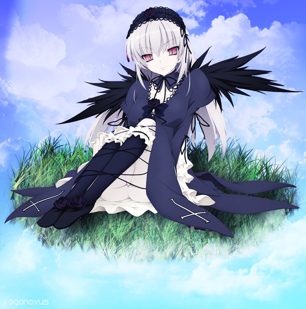 1girl black_wings cloud day dress frills grass hairband image long_hair long_sleeves looking_at_viewer outdoors red_eyes silver_hair sitting sky smile solo suigintou wings