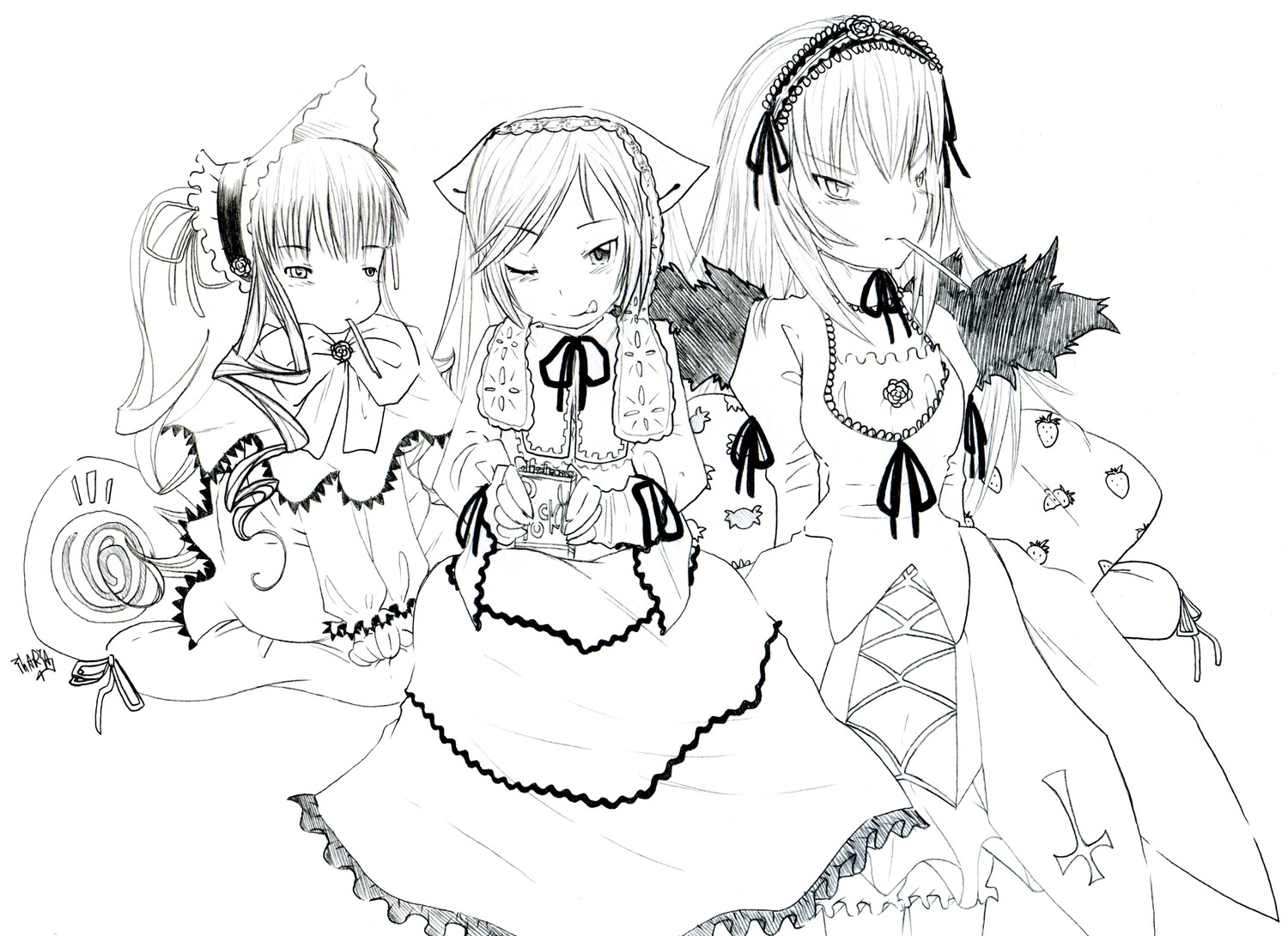 3girls animal_ears cat_ears dress hairband image long_hair monochrome multiple multiple_girls one_eye_closed short_hair suigintou suiseiseki tagme tongue tongue_out twintails wings