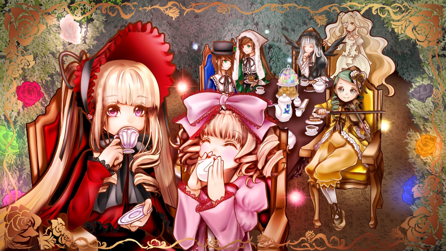 blonde_hair blue_eyes bonnet bow brown_hair closed_eyes cup dress drill_hair eating flower food hat hina_ichigo image long_hair multiple multiple_girls pink_bow pink_rose rose shinku tagme teacup twintails