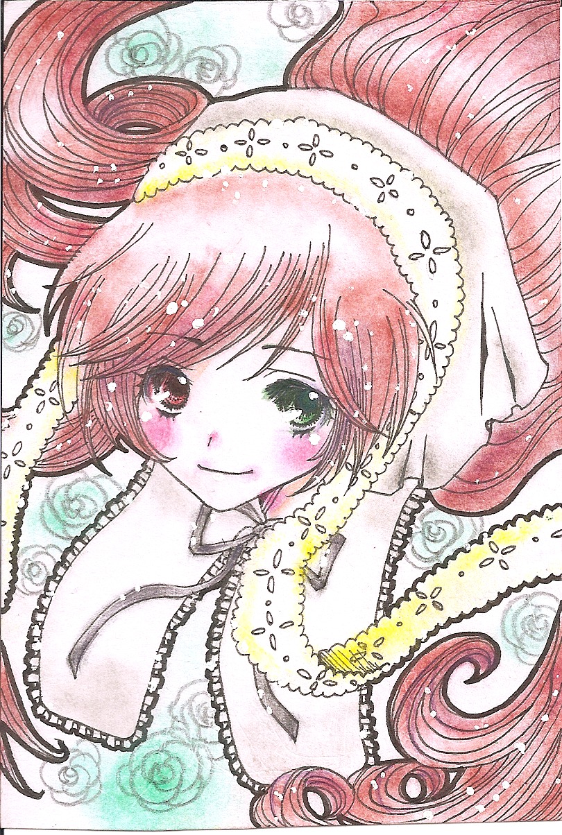 1girl auto_tagged blush closed_mouth flower green_eyes image lace long_hair looking_at_viewer marker_(medium) portrait rose smile solo suiseiseki traditional_media upper_body watercolor_(medium)