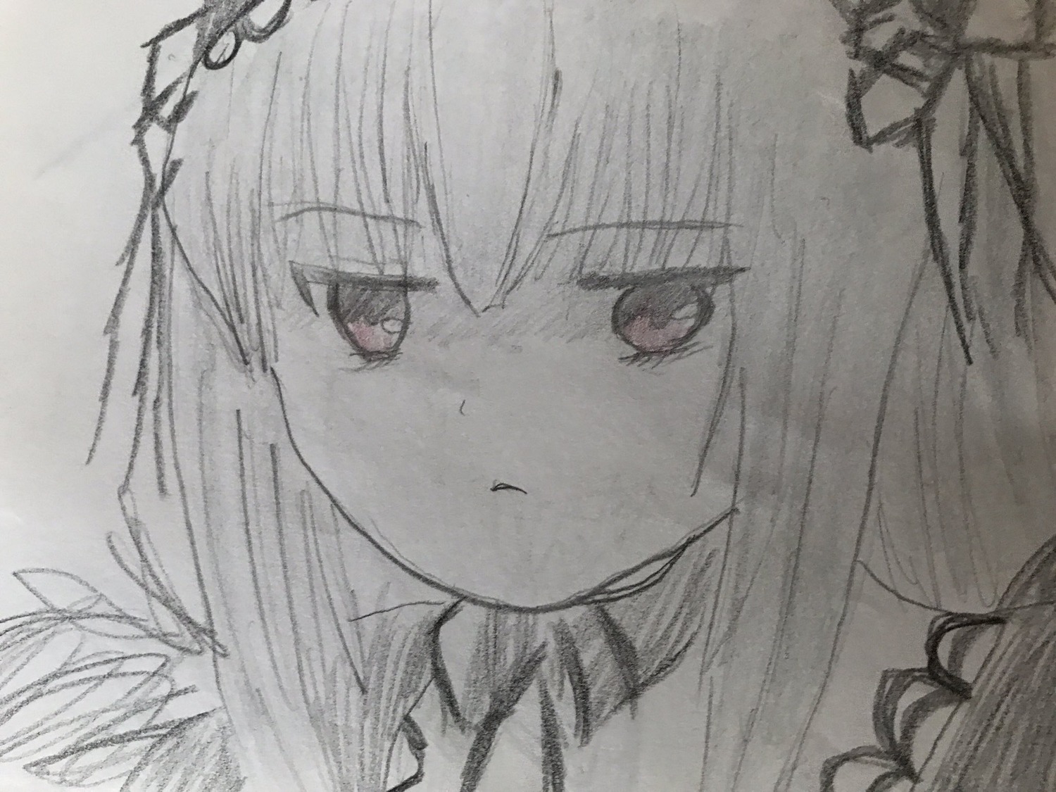 1girl bangs blush closed_mouth eyebrows_visible_through_hair face greyscale hair_between_eyes hair_ornament hair_ribbon image long_hair looking_at_viewer monochrome ribbon simple_background solo suigintou traditional_media