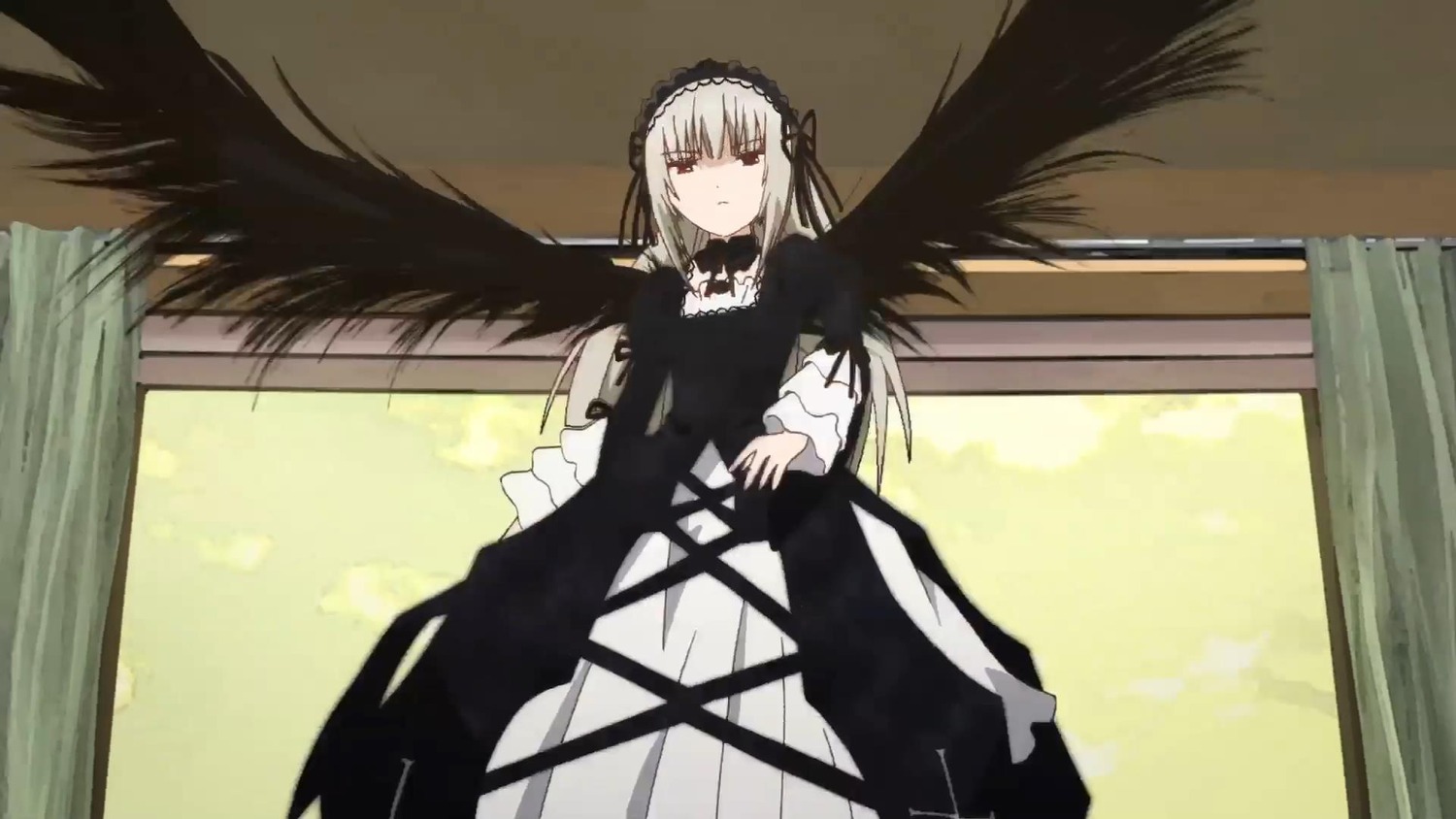 1girl bangs black_dress black_ribbon black_wings closed_mouth dress eyebrows_visible_through_hair feathered_wings flower frills hairband image juliet_sleeves long_hair long_sleeves looking_at_viewer ribbon rose silver_hair solo standing suigintou very_long_hair wings