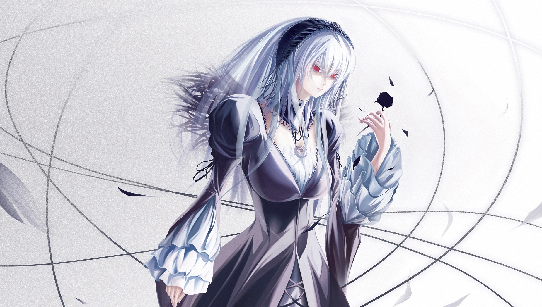 1girl black_dress breasts cleavage closed_mouth dress flower frills hairband image long_hair long_sleeves red_eyes silver_hair solo suigintou wide_sleeves