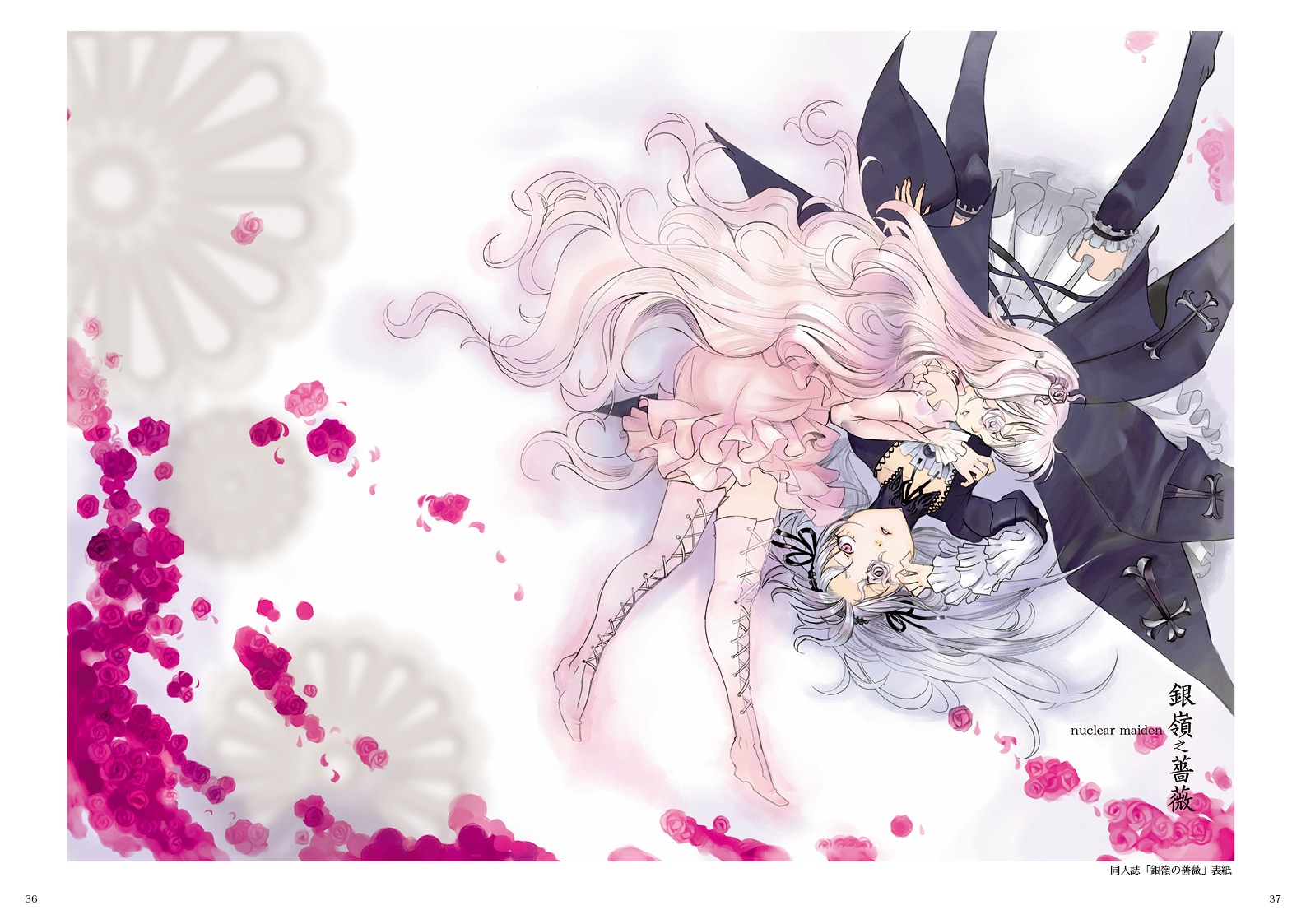 2girls boots commentary_request dress eyepatch flower hairband image kirakishou lolita_fashion lolita_hairband long_hair moruga multiple_girls over-kneehighs pair petals pink_eyes pink_hair rose rozen_maiden silver_hair suigintou thigh_boots thighhighs very_long_hair