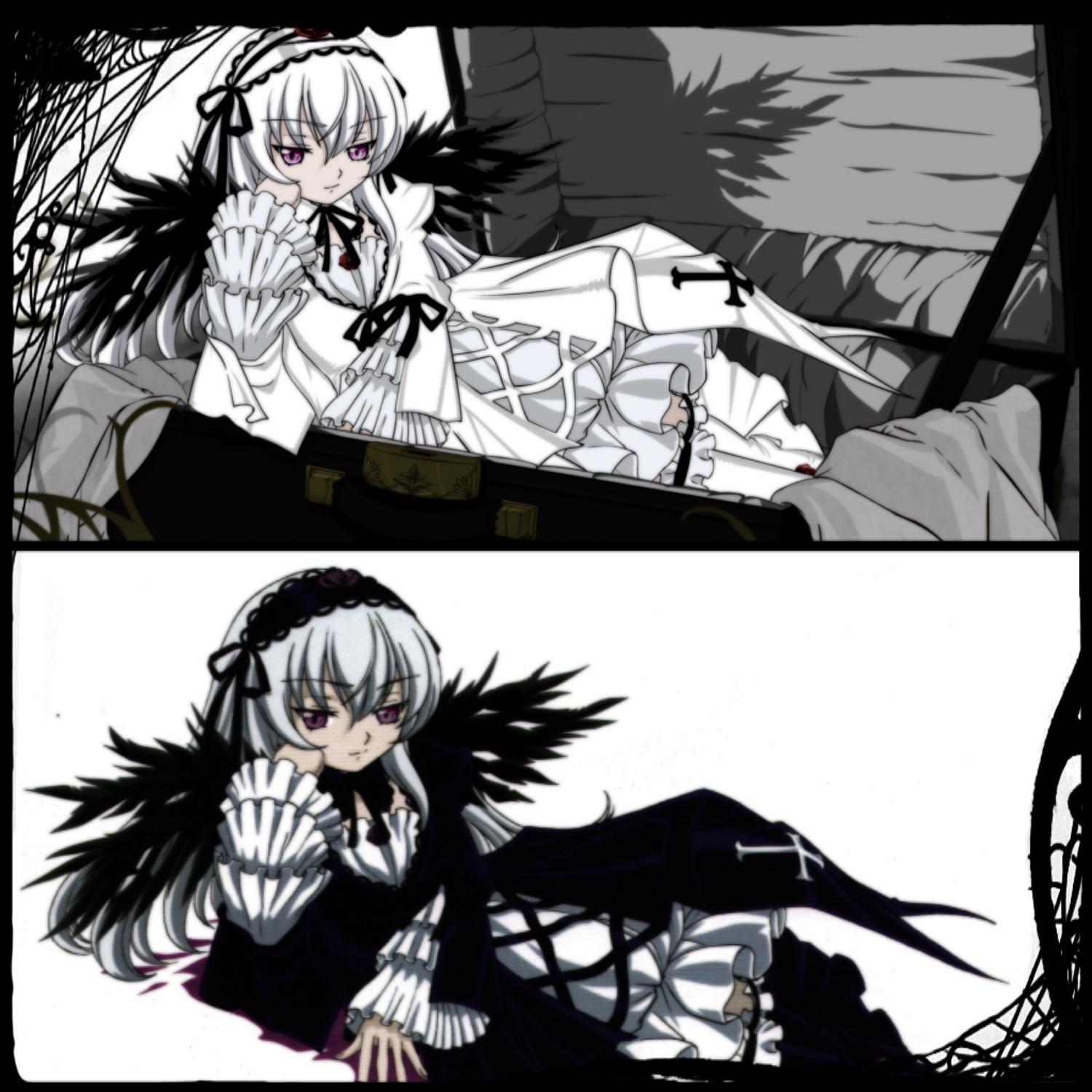 black_wings dress frills hairband image long_hair long_sleeves multiple_girls pink_eyes ribbon silver_hair solo suigintou wings