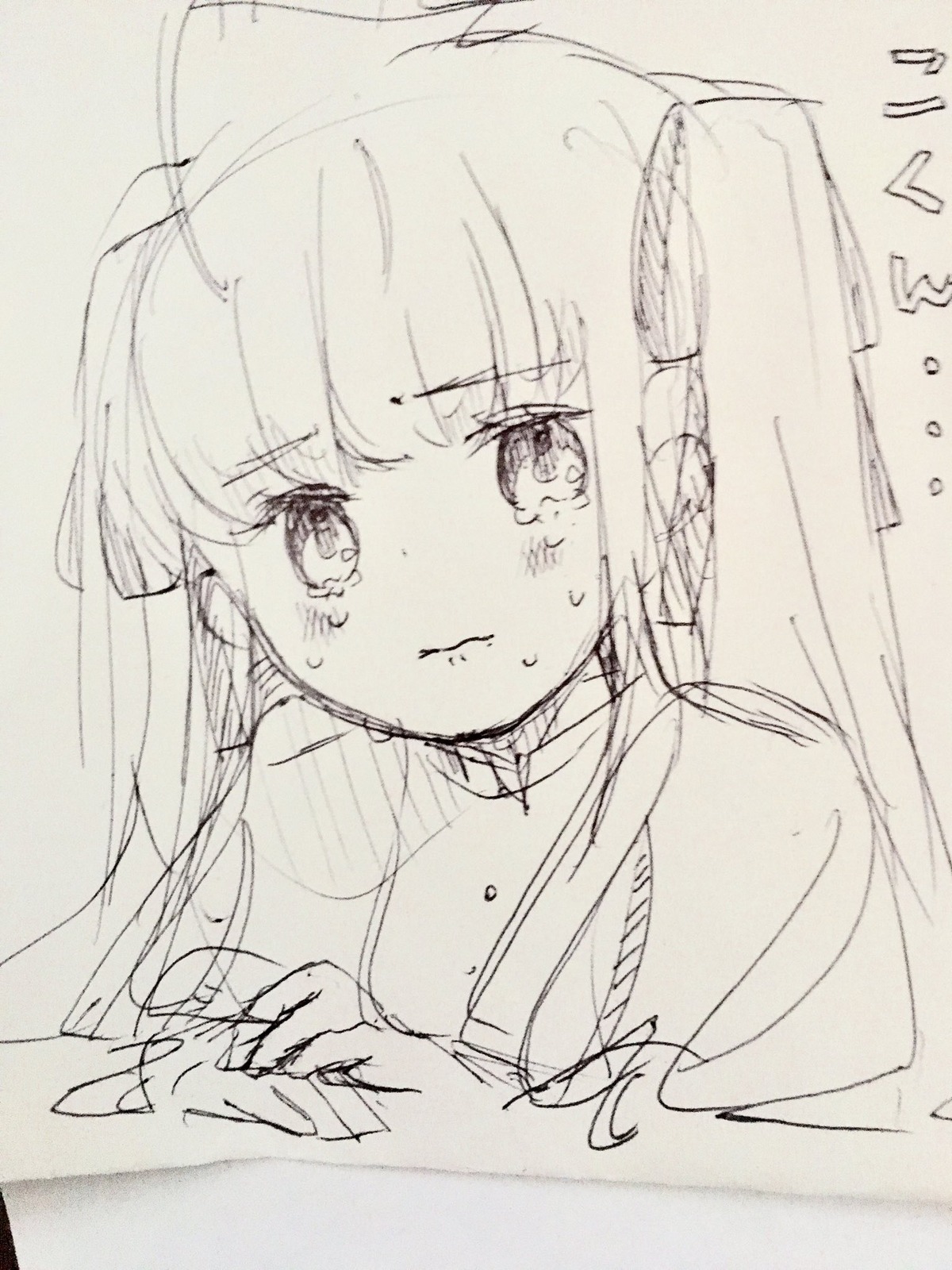 1girl bangs blush closed_mouth crying crying_with_eyes_open eyebrows_visible_through_hair hair_ribbon image long_hair looking_at_viewer monochrome photo shinku solo tears traditional_media upper_body wavy_mouth