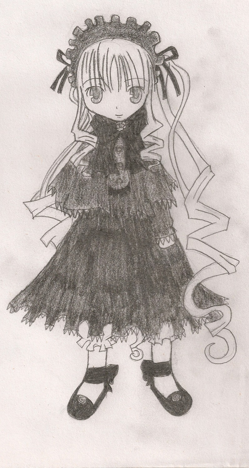 1girl dress drill_hair full_body greyscale image long_hair long_sleeves looking_at_viewer monochrome shinku shoes solo standing traditional_media twin_drills very_long_hair