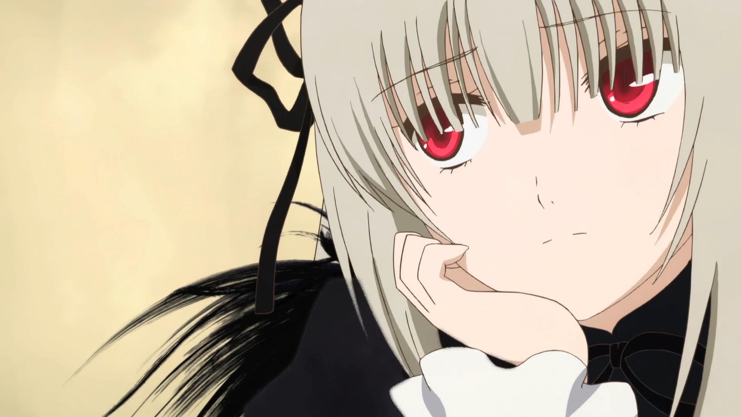 1girl bangs black_ribbon close-up closed_mouth eyebrows_visible_through_hair face hair_ribbon image long_hair long_sleeves looking_at_viewer red_eyes ribbon simple_background smile solo suigintou