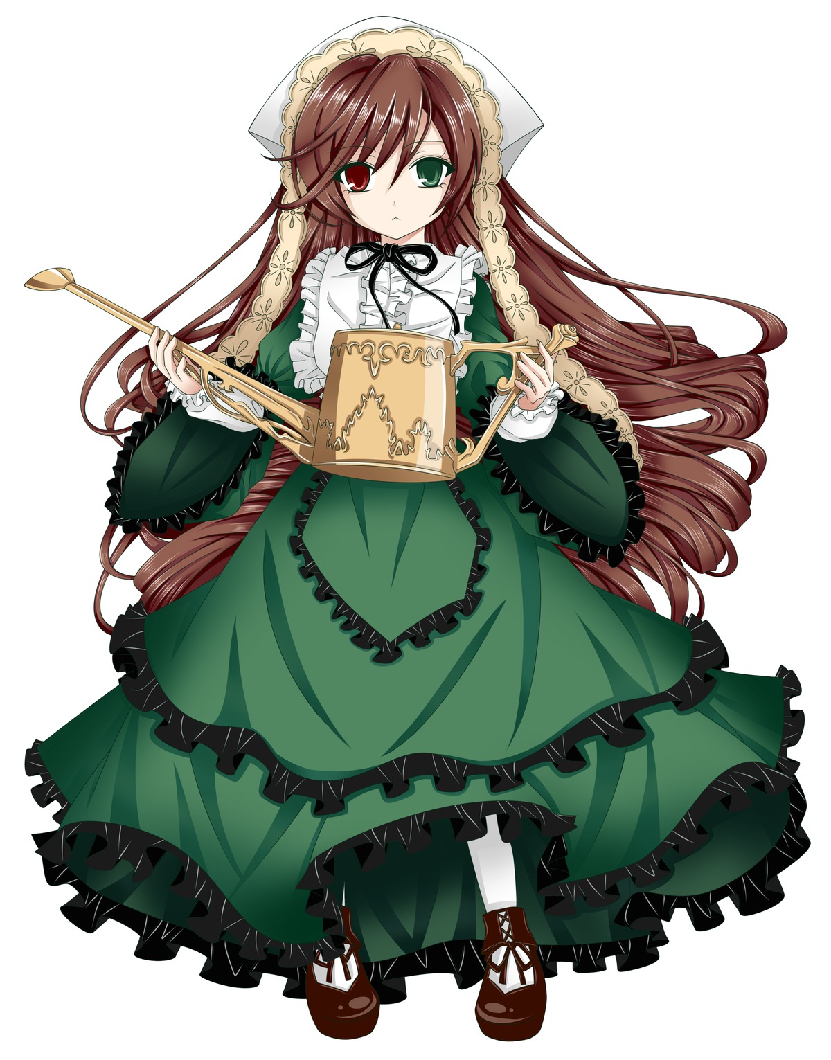 1girl brown_hair dress frills full_body green_dress green_eyes hat head_scarf heterochromia image long_hair long_sleeves looking_at_viewer red_eyes ribbon simple_background solo suiseiseki very_long_hair watering_can white_background