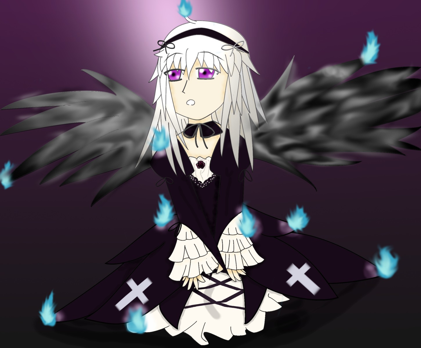 1girl black_feathers black_wings choker dress feathered_wings feathers frills hairband image long_hair long_sleeves looking_at_viewer purple_eyes ribbon silver_hair solo suigintou wings