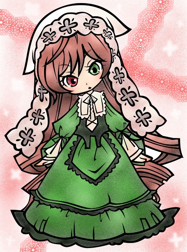 1girl brown_hair dress frills full_body green_dress green_eyes heterochromia image long_hair long_sleeves looking_at_viewer red_eyes solo standing suiseiseki very_long_hair