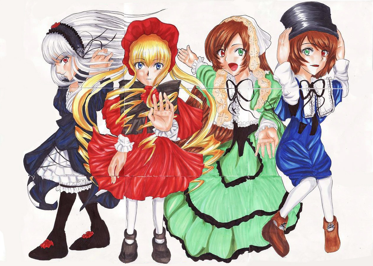 4girls blonde_hair blue_dress blue_eyes bonnet brown_hair dress green_eyes hat head_scarf heterochromia image long_hair long_sleeves looking_at_viewer multiple multiple_girls open_mouth pantyhose red_eyes shinku shoes short_hair siblings sisters souseiseki suigintou suiseiseki tagme twins twintails white_legwear wings