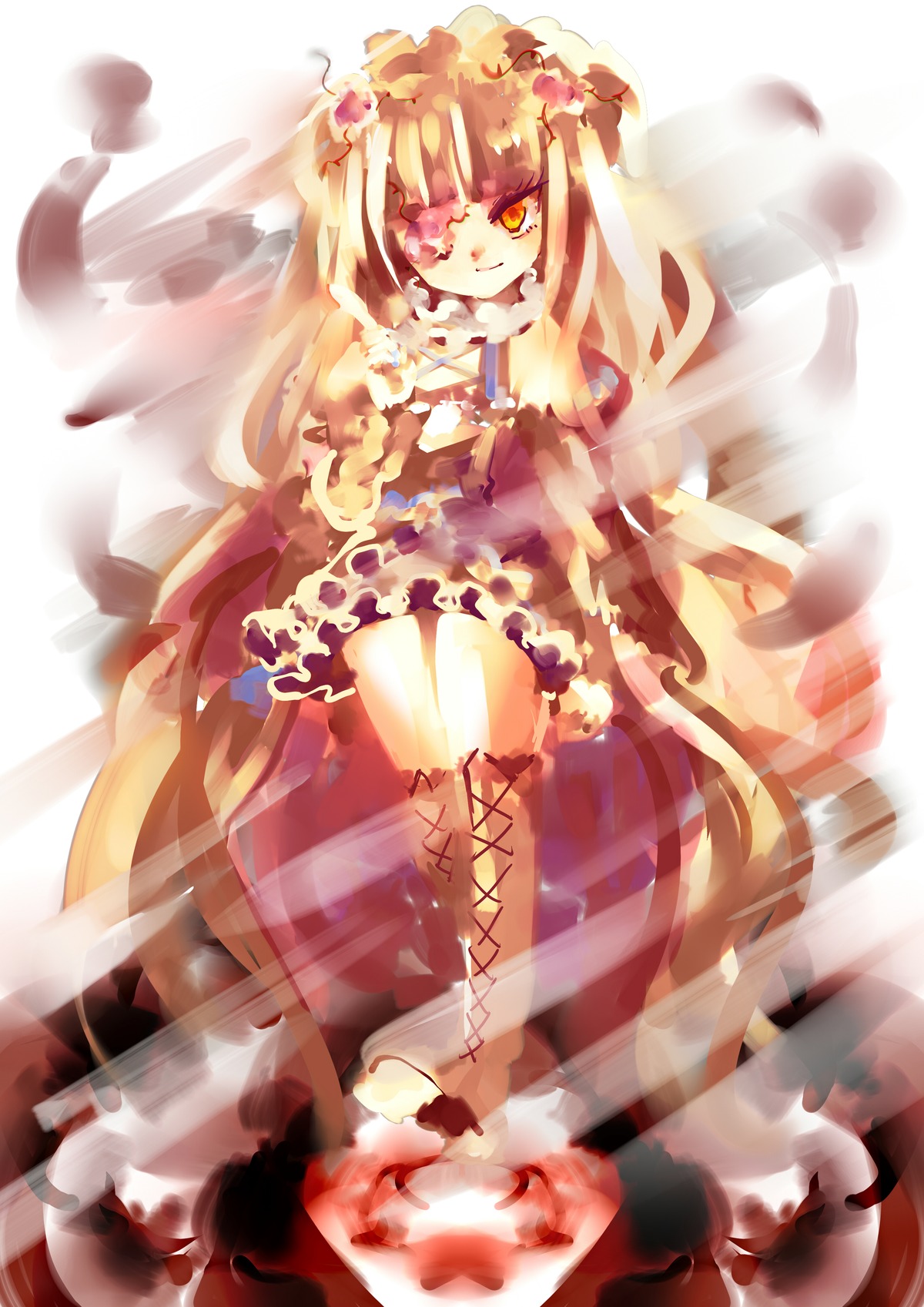 1girl blonde_hair boots cross-laced_footwear dress hair_ornament image kirakishou long_hair personification sitting smile solo very_long_hair yellow_eyes