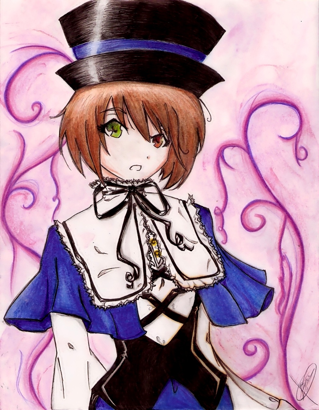 1girl brown_hair capelet green_eyes hat heterochromia image long_sleeves looking_at_viewer open_mouth red_eyes ribbon short_hair solo souseiseki traditional_media