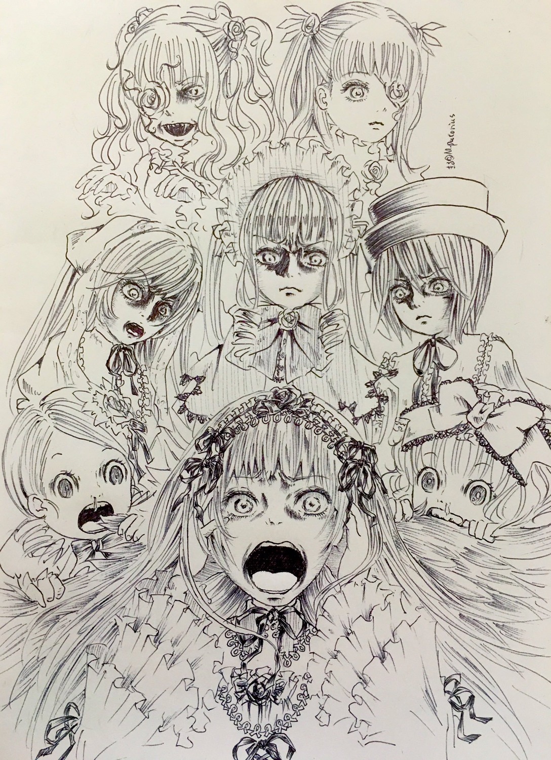 angry frills hat image long_hair monochrome multiple multiple_girls open_mouth shinku tagme top_hat traditional_media