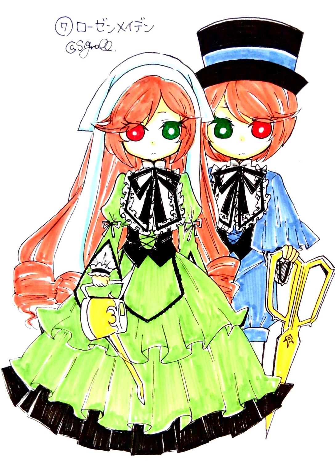 2girls black_ribbon brown_hair dress expressionless frills green_dress green_eyes hat heterochromia holding image long_hair long_sleeves looking_at_viewer multiple_girls pair red_eyes ribbon siblings simple_background sisters souseiseki suiseiseki top_hat twins very_long_hair watering_can