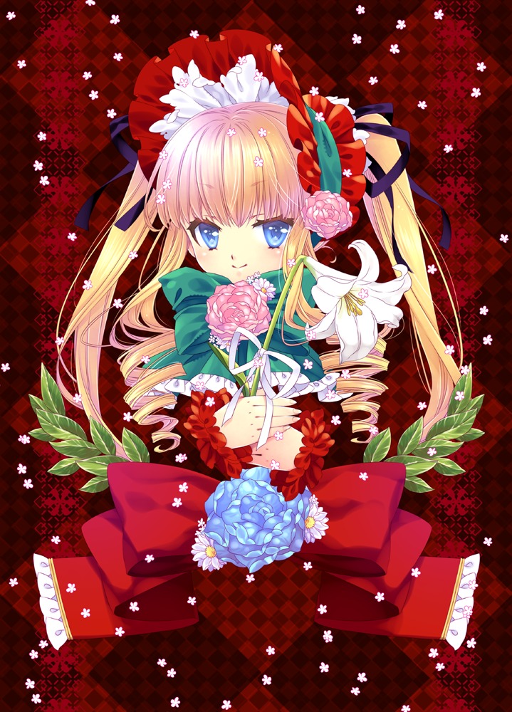 1girl argyle argyle_background argyle_legwear blonde_hair blue_eyes bouquet checkered checkered_background checkered_floor checkered_kimono chess_piece dress drill_hair flower hair_ribbon image long_hair plaid_background red_dress ribbon rose shinku smile solo tile_floor tiles